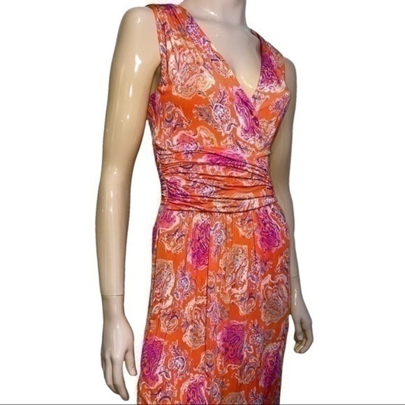 Etro Women’s Size 40 4 Orange Pink Paisley Surplice Cinched Waist Flowy Dress - Picture 3 of 10